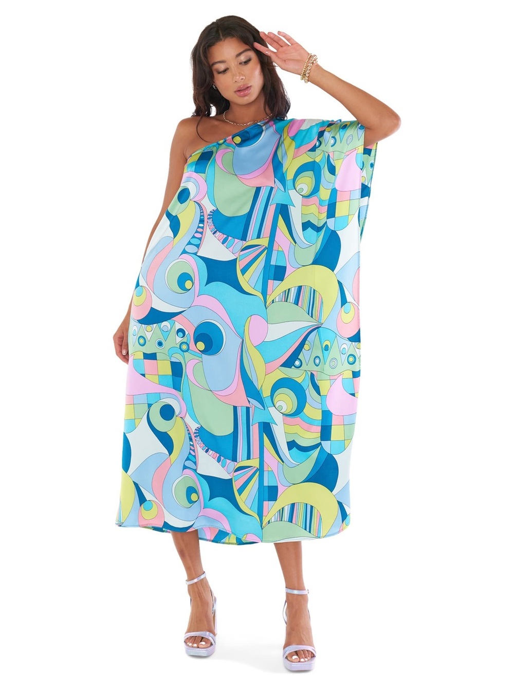 One shoulder satin show me your mumu geometric retro print dress